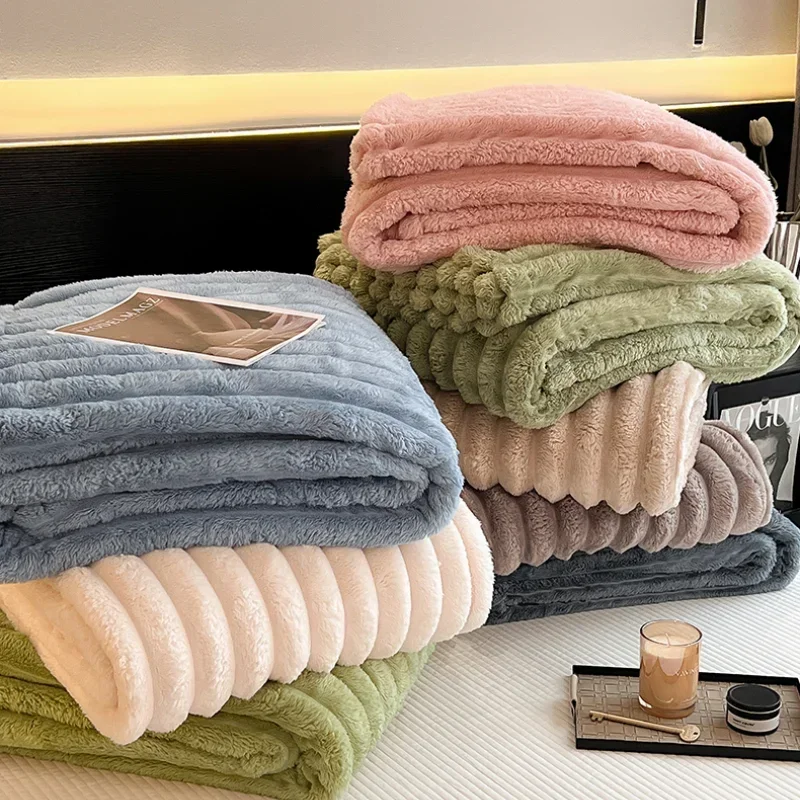 

Solid Color Striped Multifunctional Rabbit Velvet Blanket Super-soft Thick Warm Flannel Used for Nap Blanket, Sofa Cover Blanket