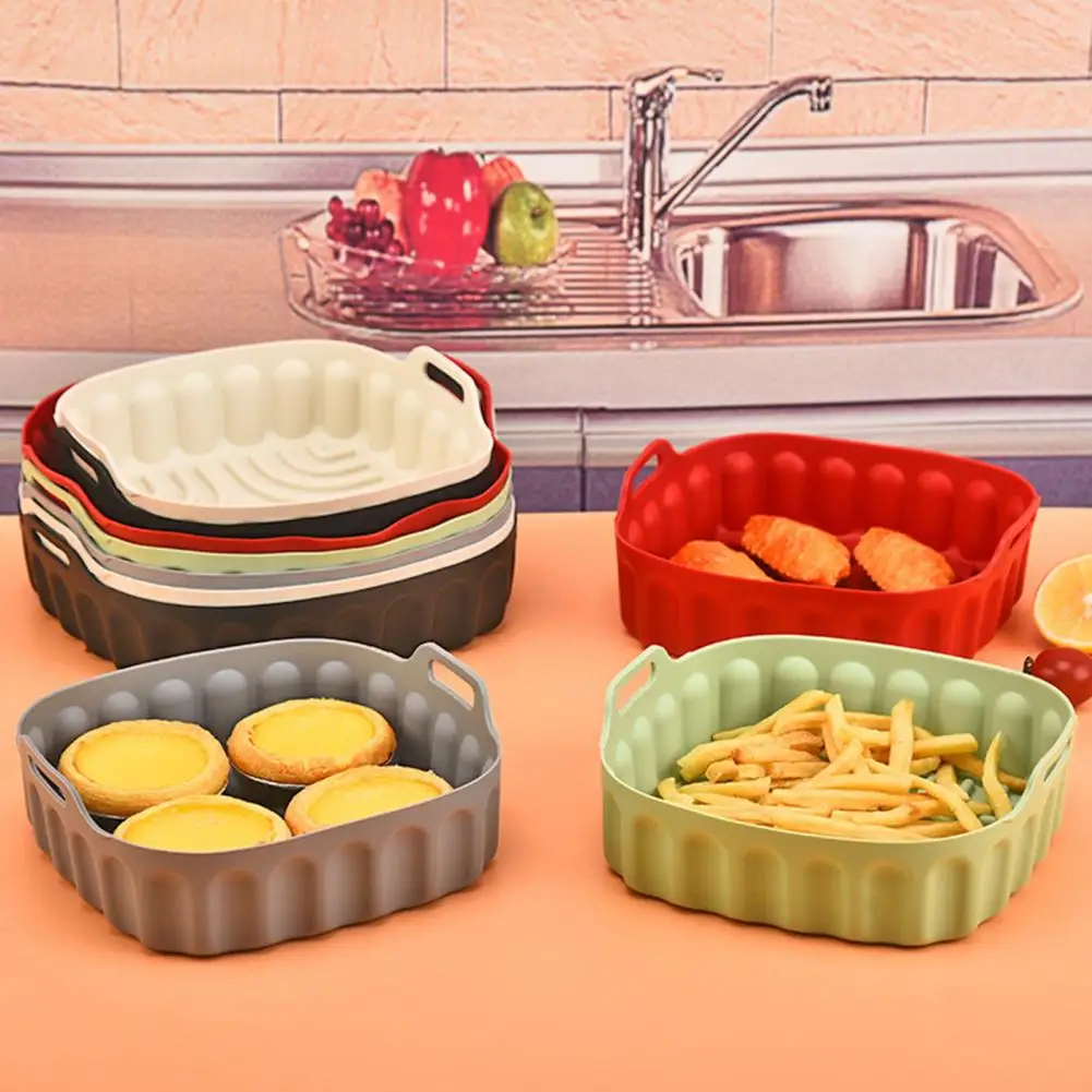 Heat Resistant Silicone Baking Tray Square Silicone Air Fryer Liner with Handles Non-stick Reusable Baking Mat for Oven for Air