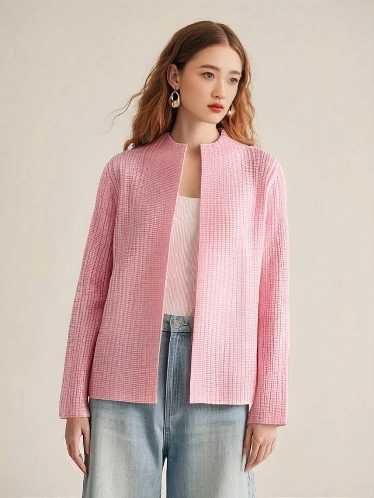 

Плиссированная куртка Miyake, кардиган, весна-осень 2021, нишевый дизайн, модный кардиган с длинными рукавами, утягивающий топ, рубашка, тонкий топ