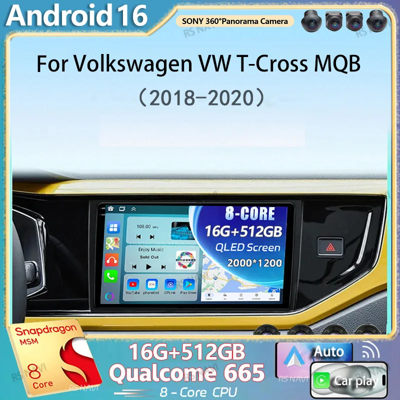 Android 16 Carplay Auto Car Radio For Volkswagen VW T-Cross MQB 2018 2019 2020 GPS Multimedia Player Stereo video WIFI+4G DSP BT