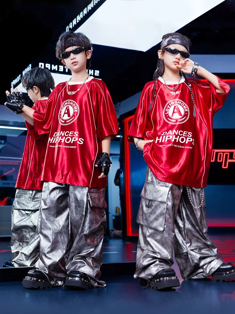 Kid Kpop Hip Hop Clothing Red Letter Jersey T Shirt Silver Tie Dye Parachute Cargo Pants for Girl Boy Jazz Dance Costume Clothes