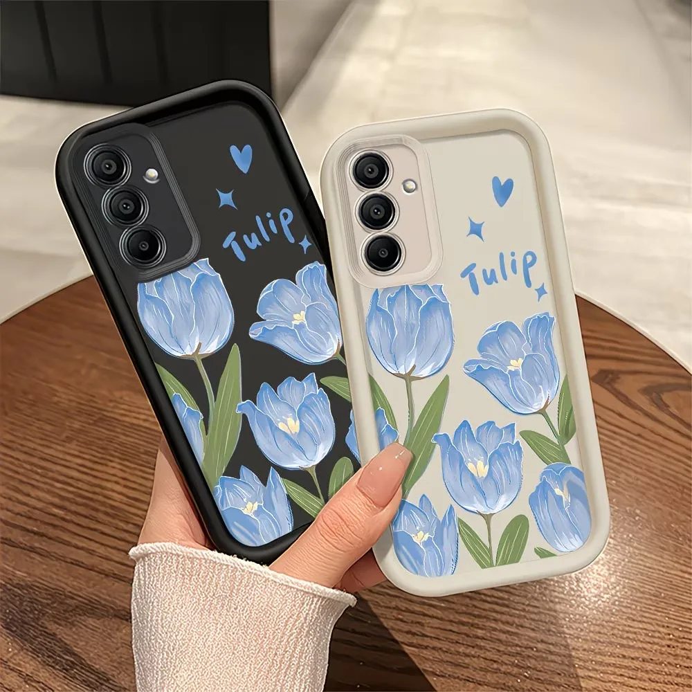 Coque de téléphone à imprimé tulipe bleue pour Samsung Galaxy S26 S25 S24 S23 S22 S21 S20 Note20 Ultra Plus FE, bord en échelle, anti-chute, souple