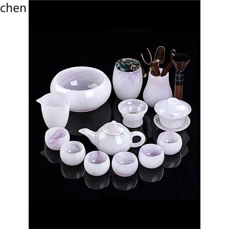 W5.19 glazed tea set suit combination white jade tea cup for home office gift jade porcelain glass kung fu covered bowl gift box