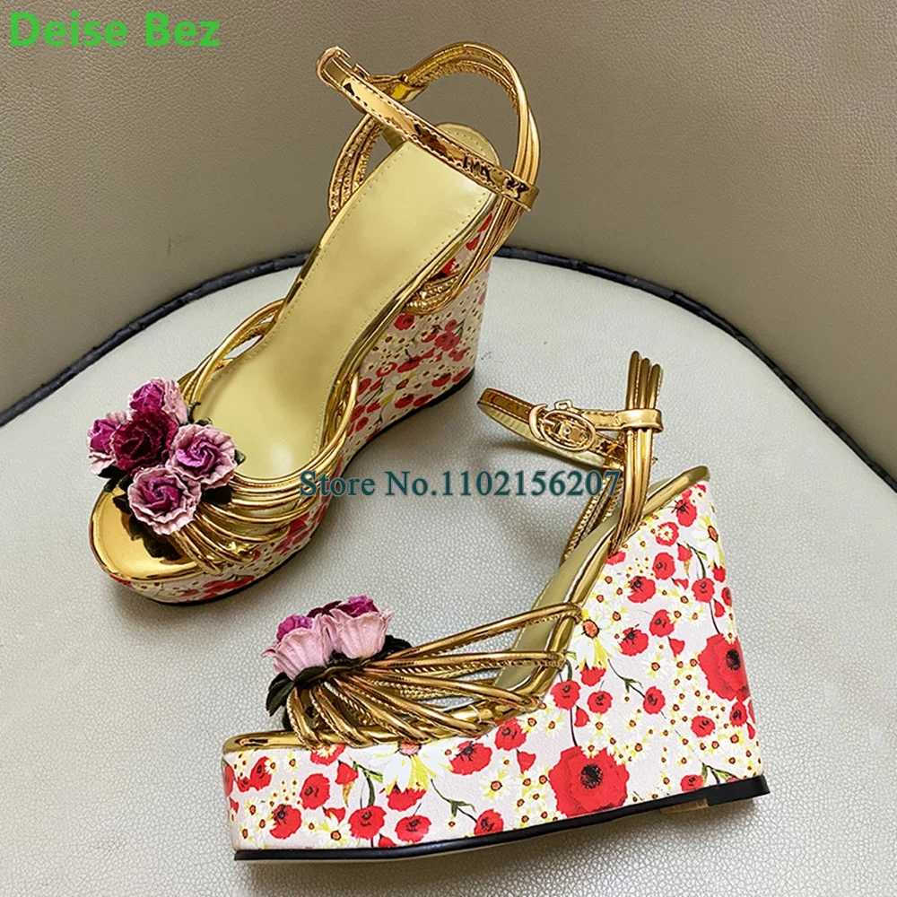 

Gold Wedges Printing Flowers Narrow Band Sandals For Female Women Platform Ankle Strap With Buckle Peep Toe Fashion Shoes