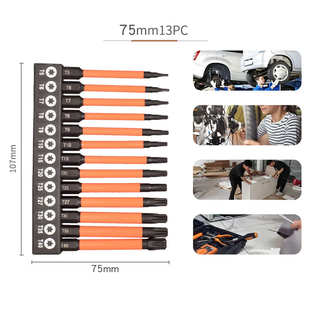 

13-piece Set Of 75/100/150mm Impacts Screwdriver Bits With Screwholders For T5-T40 Star-shaped Screwdriver Bits.
