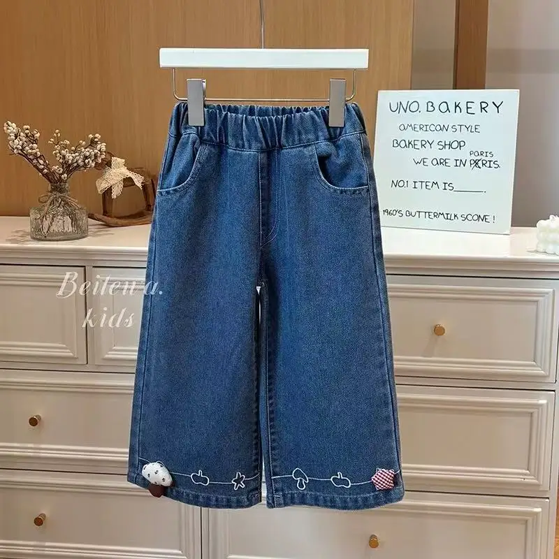 

Girls' New Autumn Versatile Three-dimensional Mushroom Embroidered Jeans Girl Baby Korean Casual Trendy Pants Children Clothing