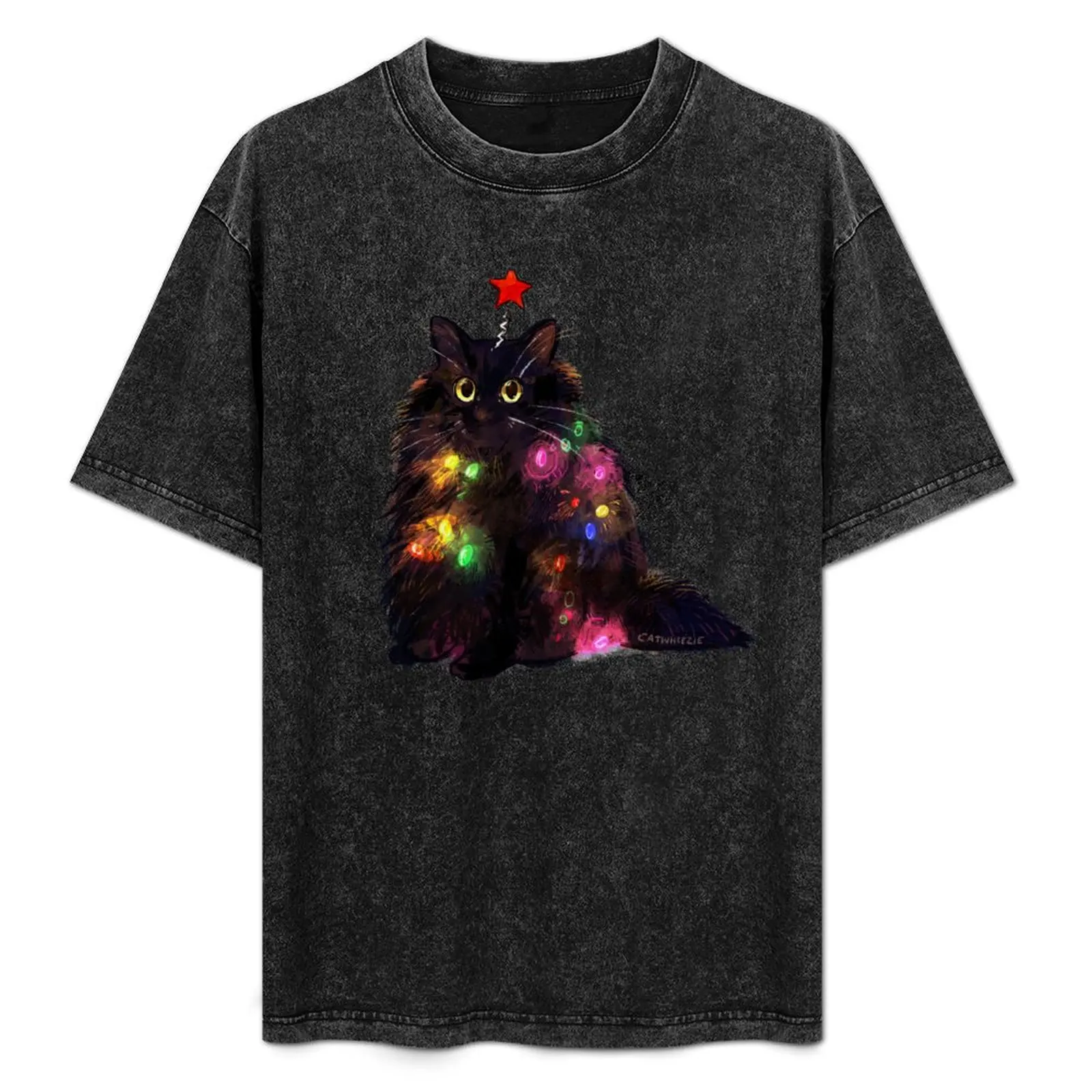 12 Day of Catmas Day 1: Christmas Lights Black Cat T-Shirt Trendy Pattern T-Shirt for Men