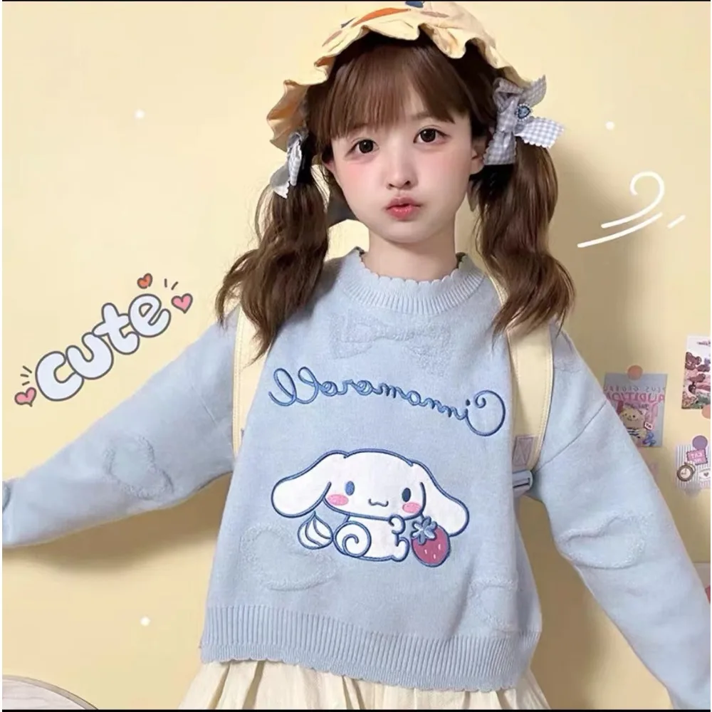 Kawaii Kuromi Women Embroider Pullover Sanrio Anime Cinnamoroll Pompompurin Fashion My Melody Girls Ruffle Knit Sweater