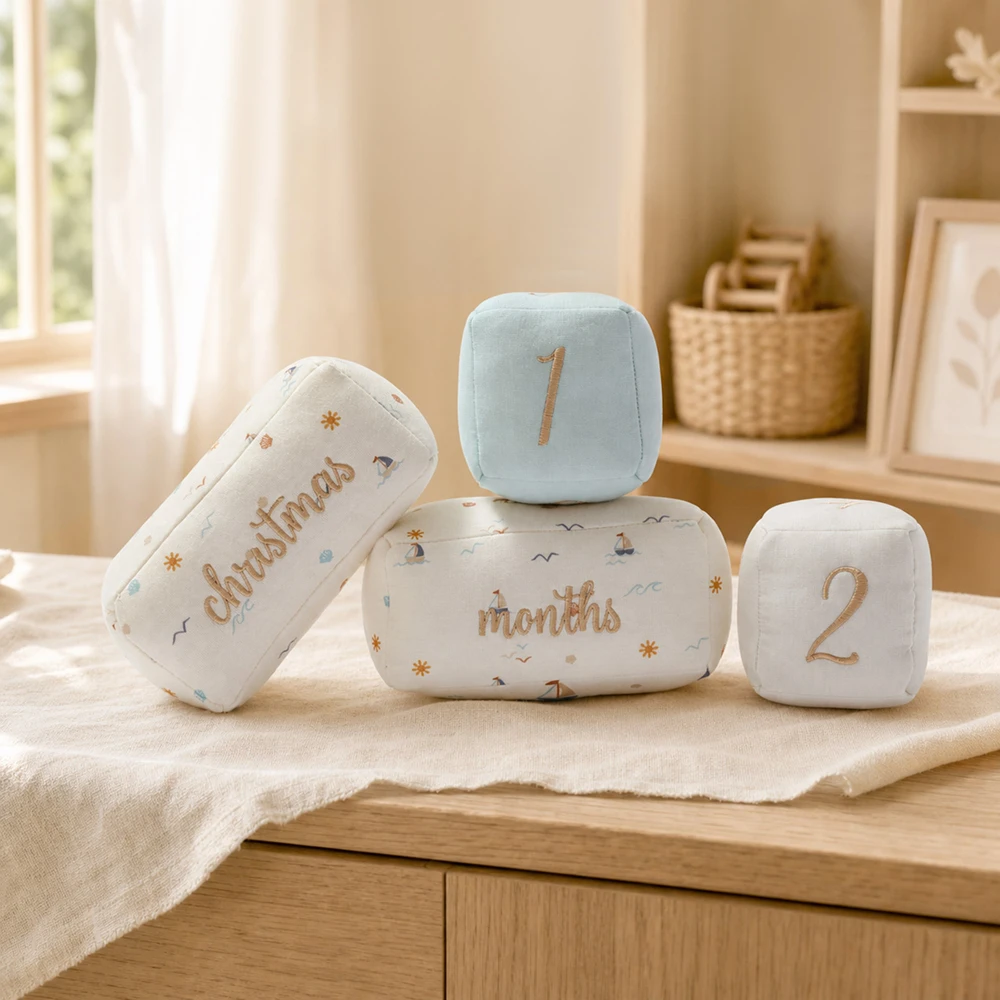 Soft Cotton Baby Milestone Photo Blocks Set Embroidered Numbers Time Words Newborn Photography Props for Memory Keepsake Gifts