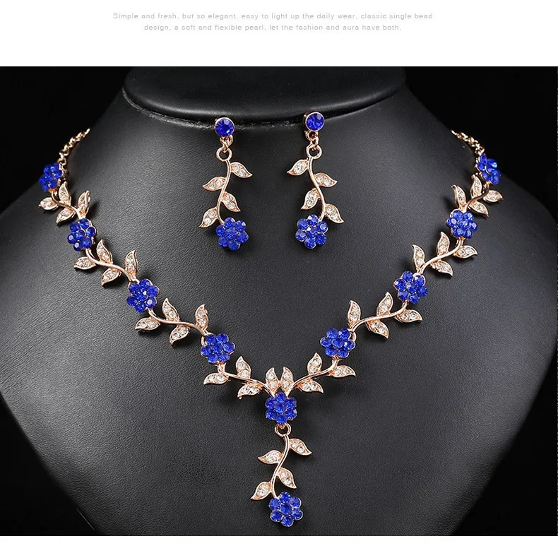 Factory Direct Supply European and American Necklace Set Bride Retro Versatile Plum Blossom Shape Inlaid with Colored Diamond...