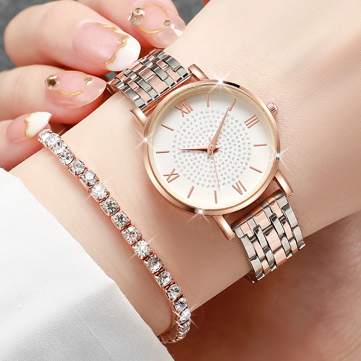 6pcs/set Women Luxury Stainless Steel Quartz Watch & Diamond Jewelry Set