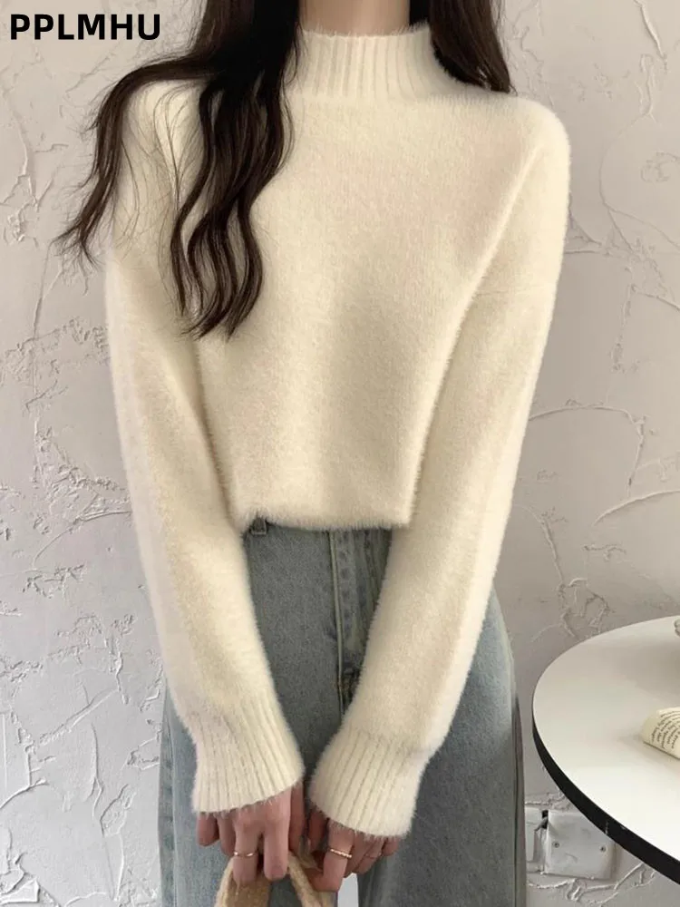 

Half Turtleneck Velvet Jumpers Fashion Women's Thicked Bottom Sweater Knitted Top Baggy O-Neck Casual Soft Pullover Sueter
