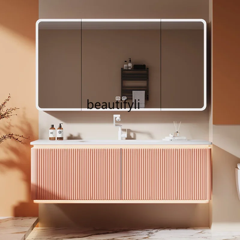 

Light French Cream Wind Oak Bathroom Cabinet Slate Hot Bending Integrated Washbasin Washbasin R