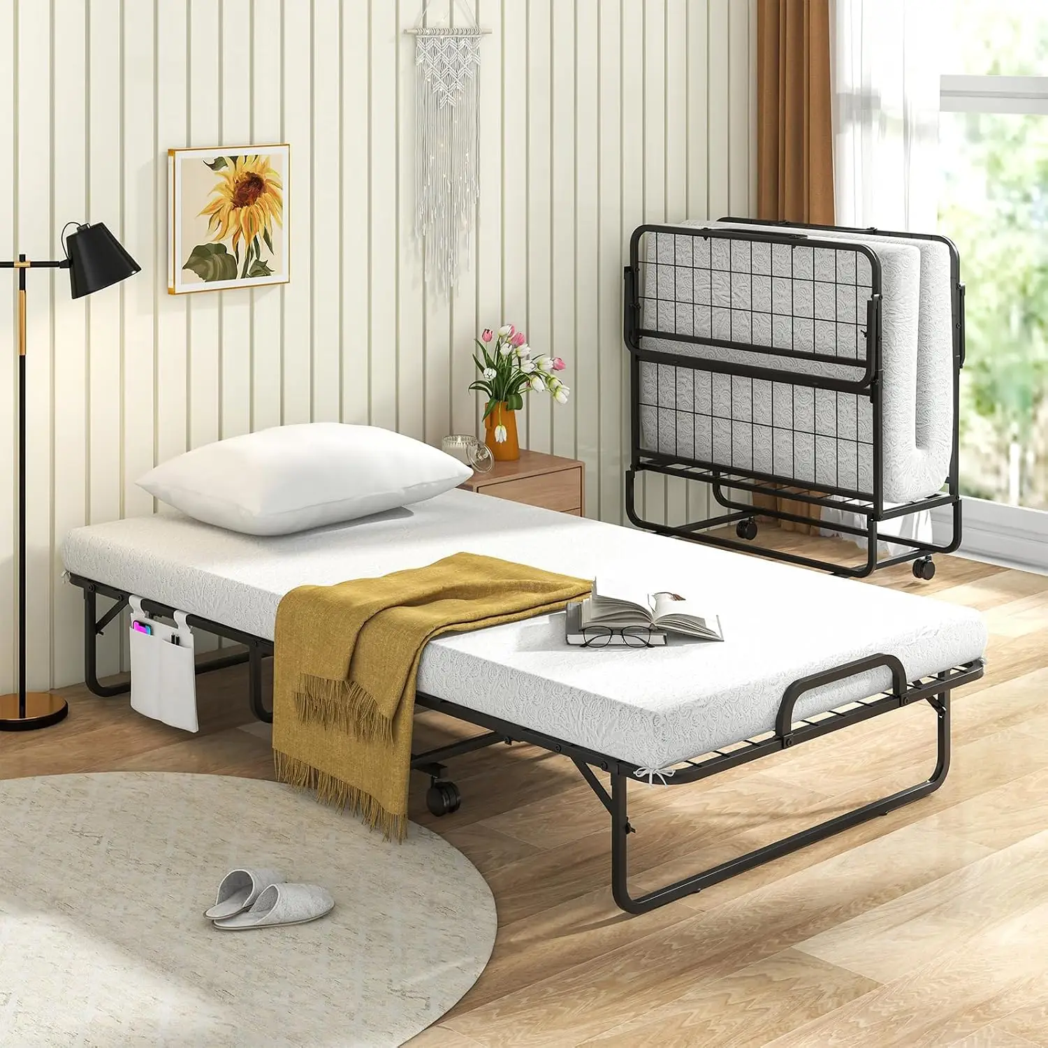 75 Inches Folding Bed With Mattress And Pillow Twin Size Rollaway Guest Bed Frame On Wheels With Storage Pocket And Dustcover, Portable Metal Frame Foldable Sleeper Bed Frame For Apartment Guest Room Home Office White, 1 Piece