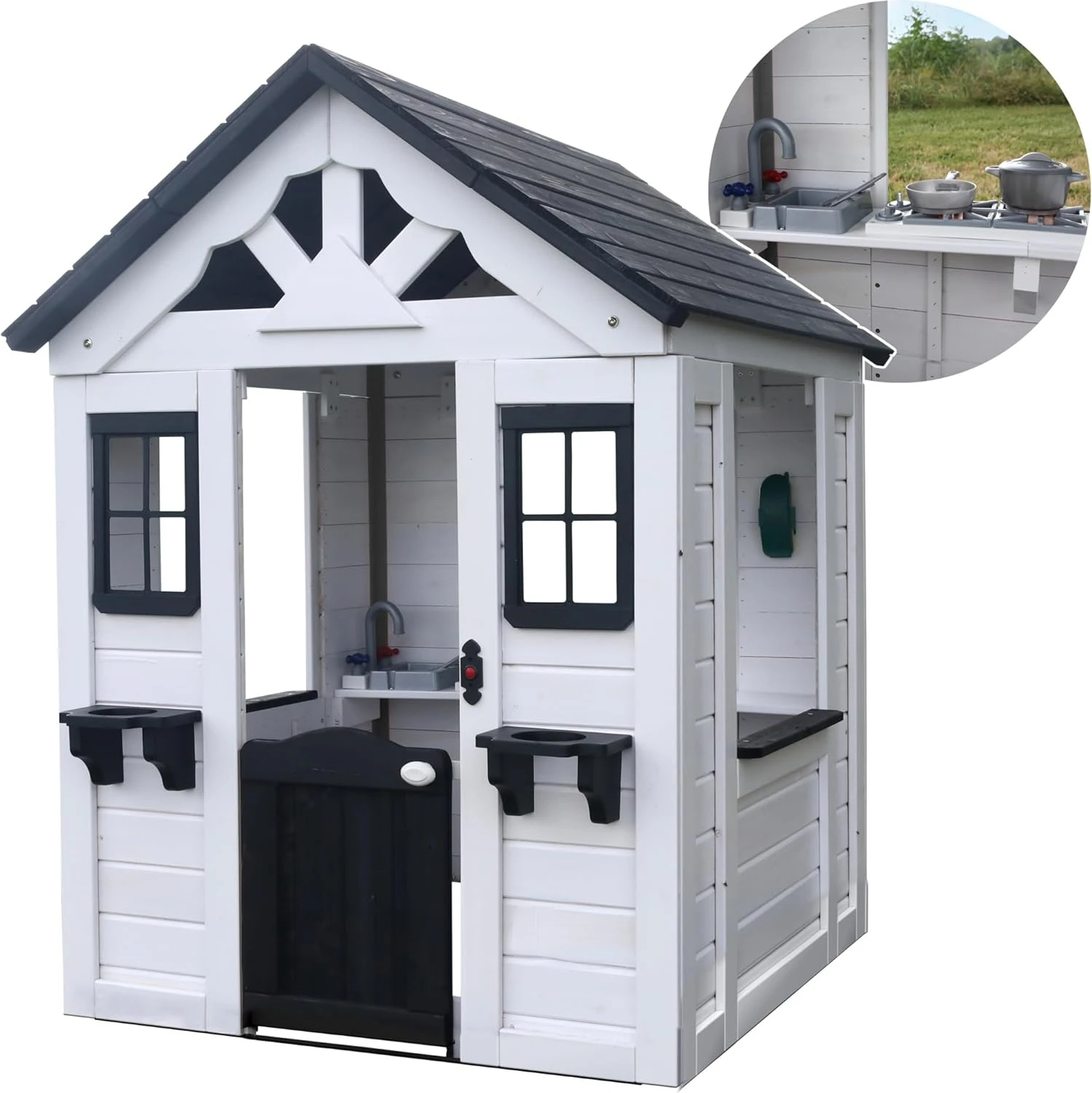 

Modern Outdoor Wooden Playhouse, Cottage, Sink, Stove, Windows, Kitchen with Pot and Pans and Utensils