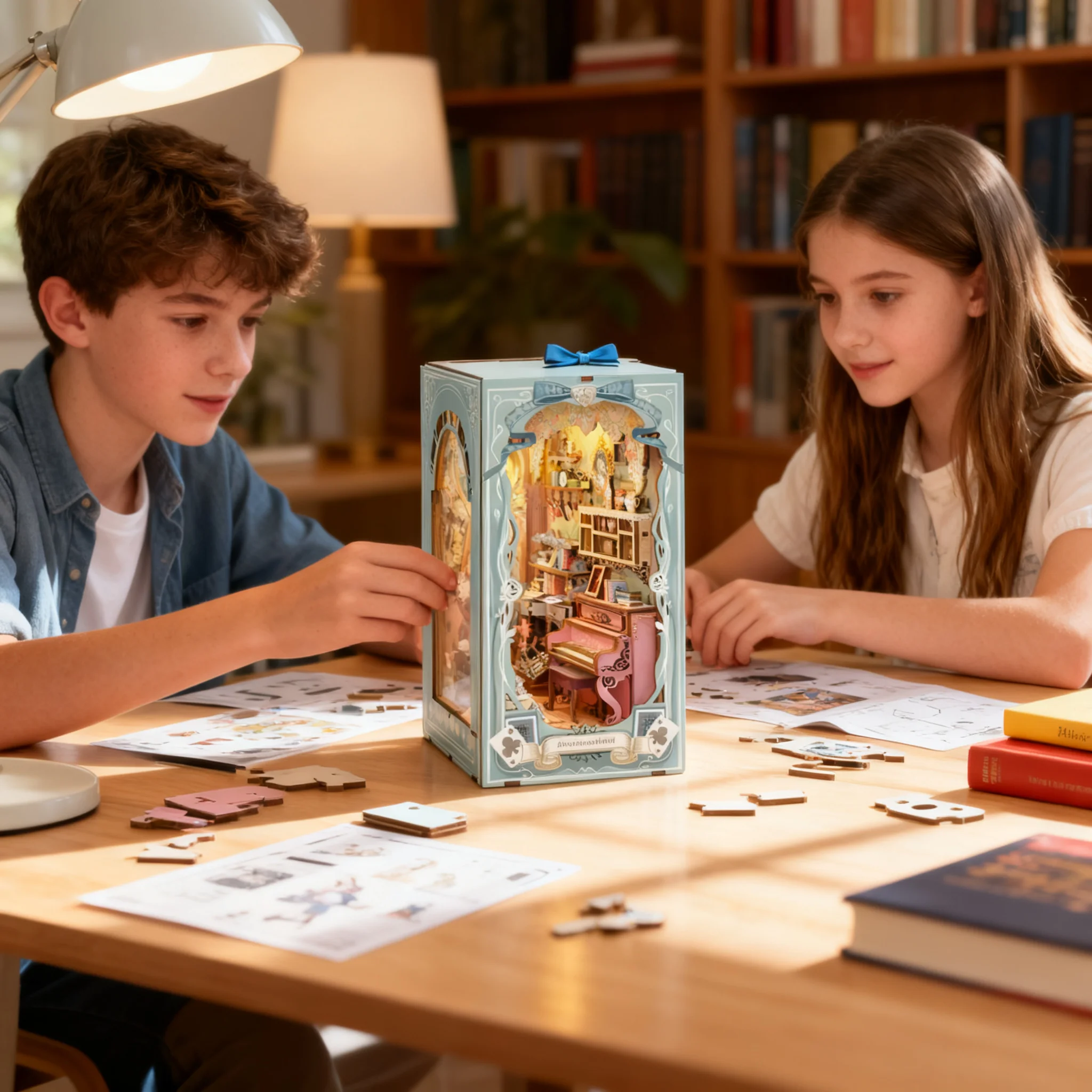 Alice's Tea Party Journal DIY 3D Bookend Model Kit – Miniature Scene Dollhouse, Handmade Puzzle Toy for Figure Collectors