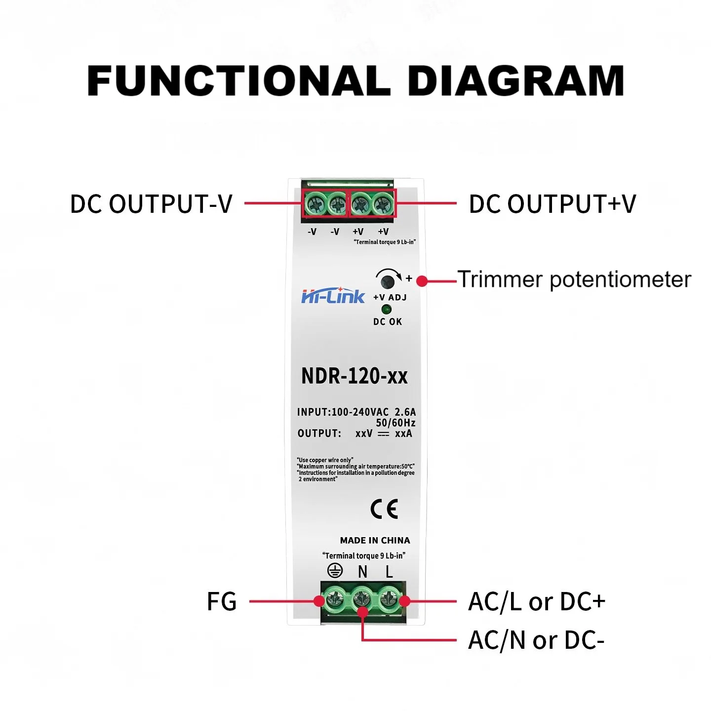 HI-LINK NDR-120 Series DIN Rail Switching Power Supply 120W AC-DC 100-240VAC Input 12V/24V/48V Optional Industrial SMPS