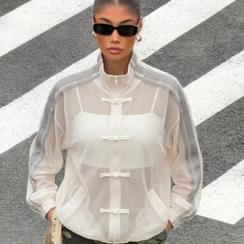 New Chinese style buckle design jacket for summer thin style see through stand up collar cardigan jacket