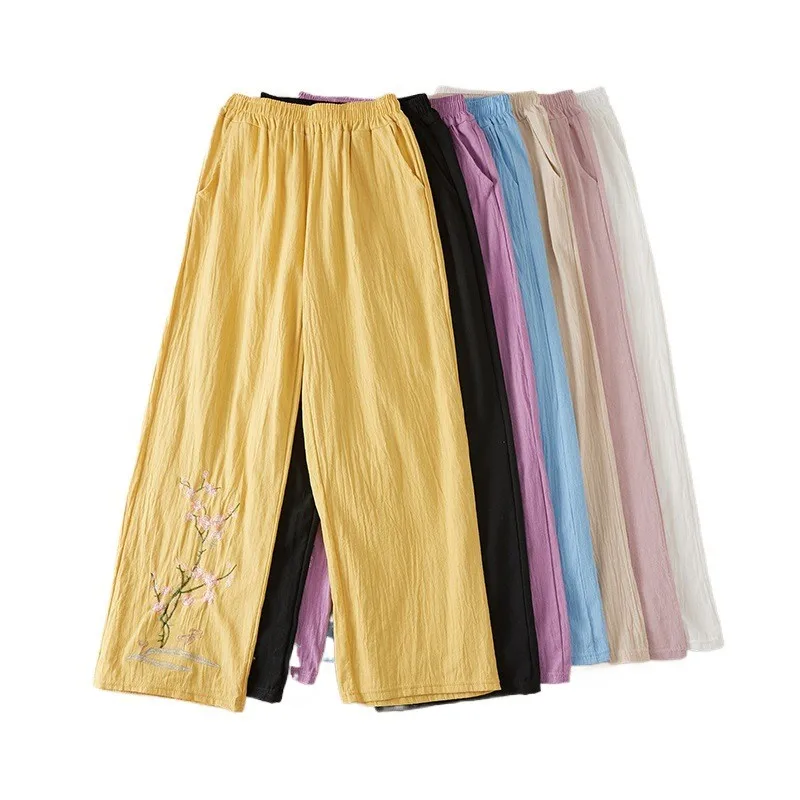 Große Baumwoll-Leinen-Hose, bestickt, weites Bein, lockere Passform, Sommer-Freizeithose für Damen, Retro-Stil, ethnisches Muster