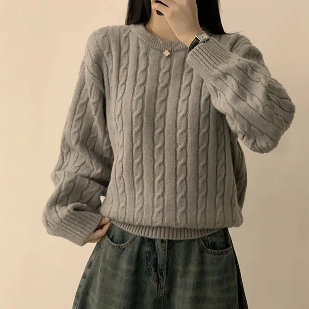Chic Knitted Sweater Women's round Ne Pullover Long Sve Slimming Color Autumn Winter Versatile Simple Design Knitwear