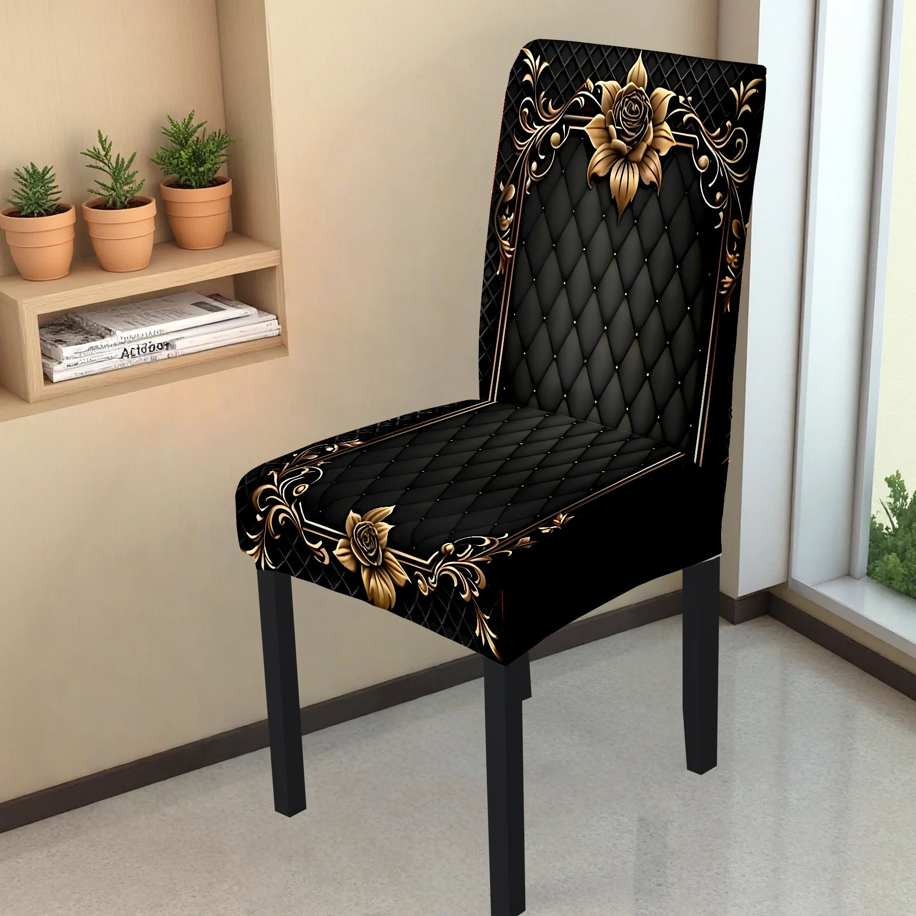 Luxury Black Gold Floral Print Elastic Chair Cover, 2026 New Stretchable Full - Coverage Chair Protector, Was