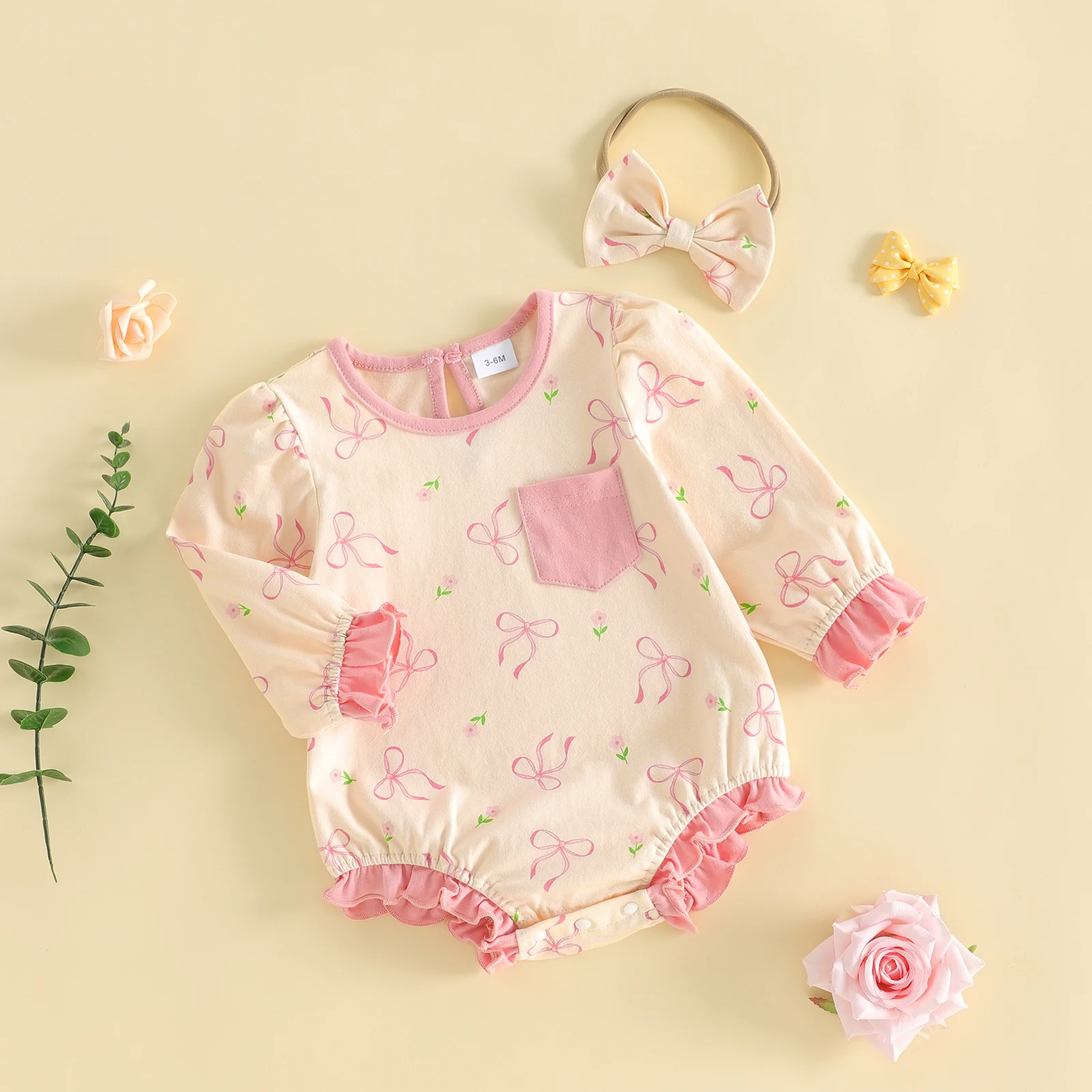 0-18M Newborn Baby Girl Romper Flower Bow Print Crew Neck Long Sleeve Infant Bodysuits Jumpsuits with Headband 2pcs Sets