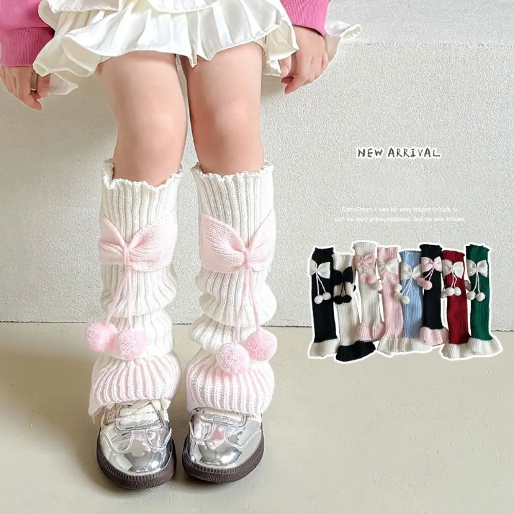 Harajuku Bow Leg Warmers Socks Ruffles Ball Warm Leg Cover Knitted Children's Long Socks Kids