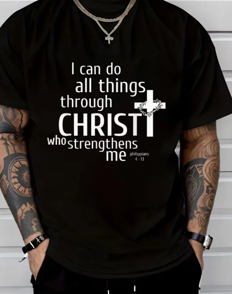 A Motivational Christian T-Shirt for Men Showcasing The Phrase 'I Can Do All Things ThroughWhite Casual Is Ideal for Everyday Us