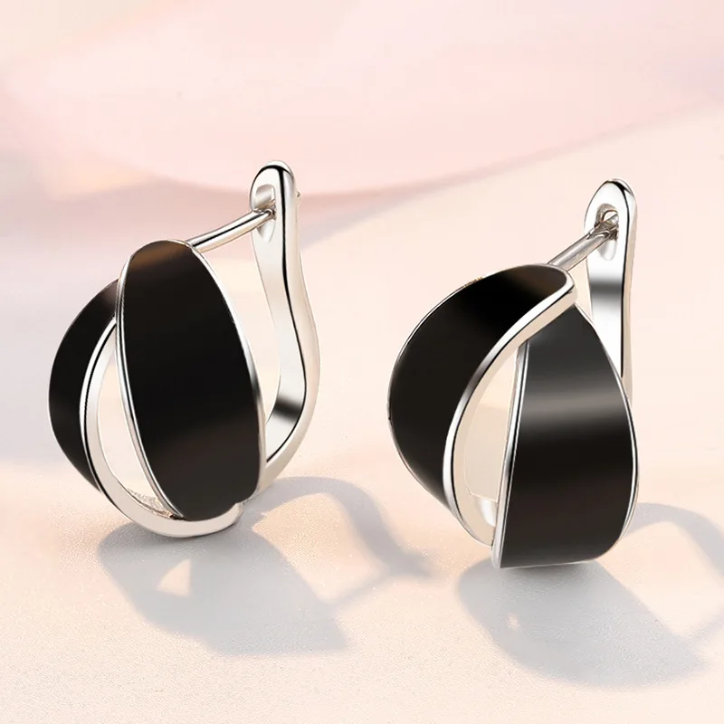 Fashion Female Earrings 925 Sterling Silver Black Drip Oil Leaf-shaped Earrings for Women Promise Love Wedding Statement Jewelry