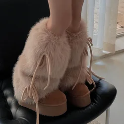 Punk Bow Tie Faux Rabbit Fur Leg Warmers Winter Warm Thickened Plush Leggings Socks Cold Protective Y2kBoot Cover  Socks