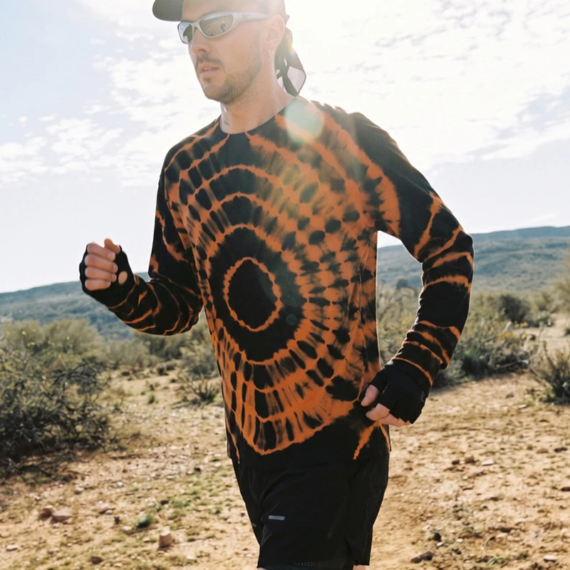 Men's Stretch Merino Wool Tie-Dye Long Sleeve T-Shirt – Vibrant Orange Outdoor Base Layer for Running & Hiking Unisex