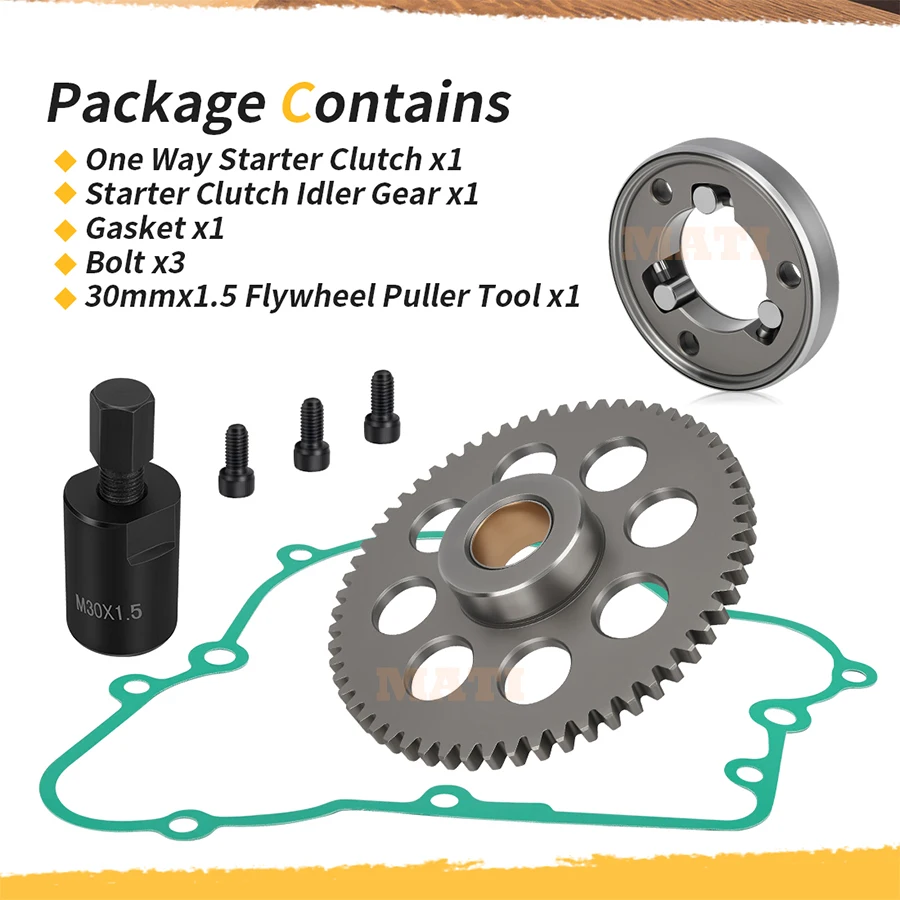 Starter Clutch One Way Bearing Idler Gear Gasket & 30mmx1.5 Flywheel Puller Tool Kit For Kawasaki Bayou 220 KLF220 1988-2002