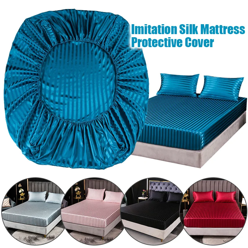 European Classic Striped Satin Fitted Sheet Elastic Band Mattress Cover Double/Queen Jacquard Bed Sheets Not Include Pillowcases