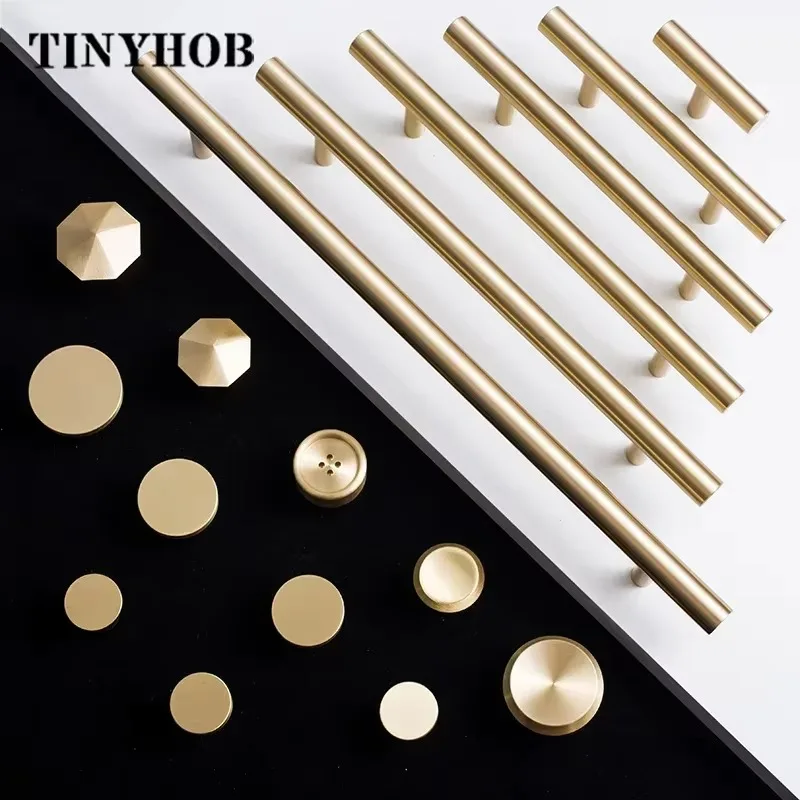 Tinyhob Gold Solid Brass Cabinet Handles Furniture Bathroom Drawer Pulls Drawer T Bar Kitchen Furniture Handle Hardware