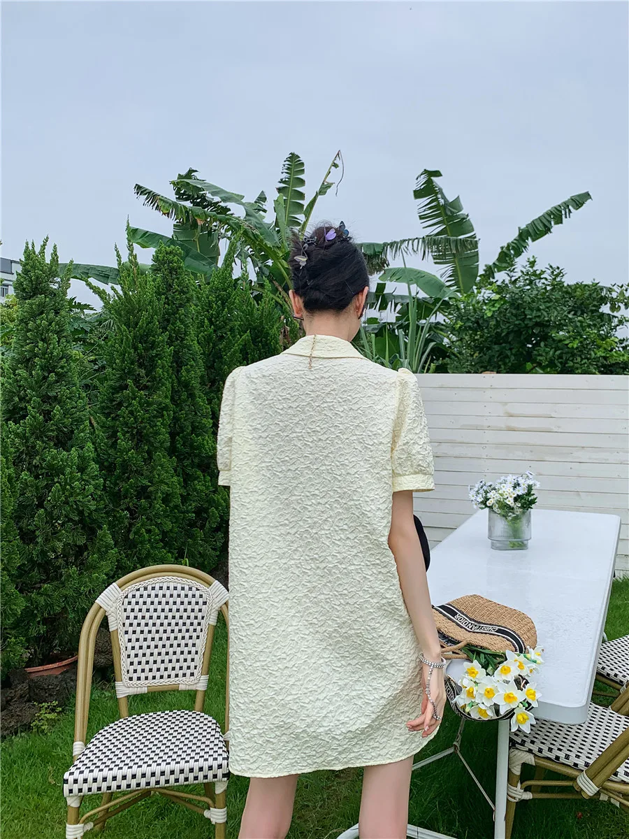 CHEERART Yellow Texture Korean Fashion Blazer Dress Women Summer Puff Sleeve Bow Kawaii Cute Mini Shirt Dress Designer