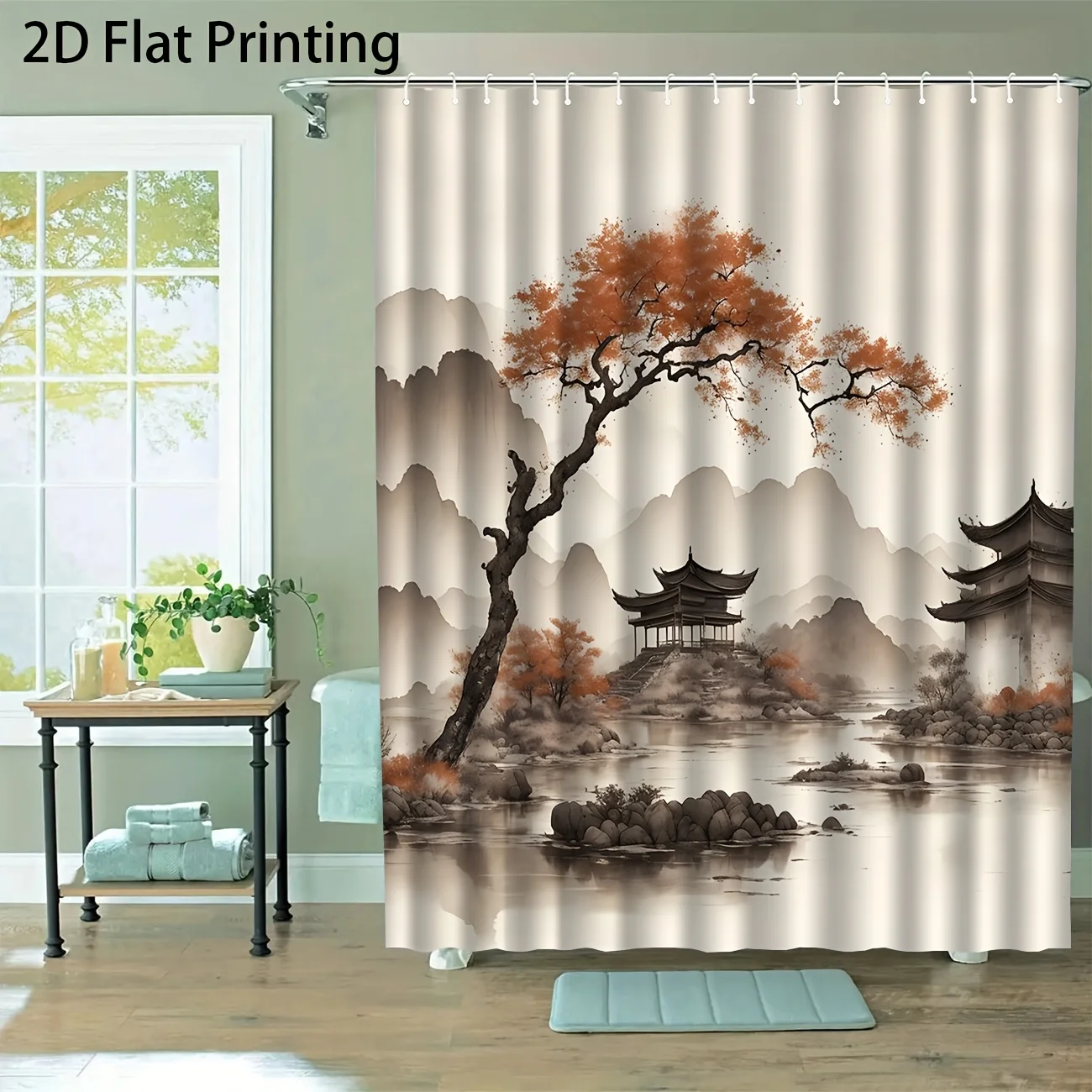 Luxury Asian Landscape Shower Curtain Waterproof Pagoda Mural Design Oriental Chinese Style Bath Bathroom Decor Curtain 180x200c - view 3