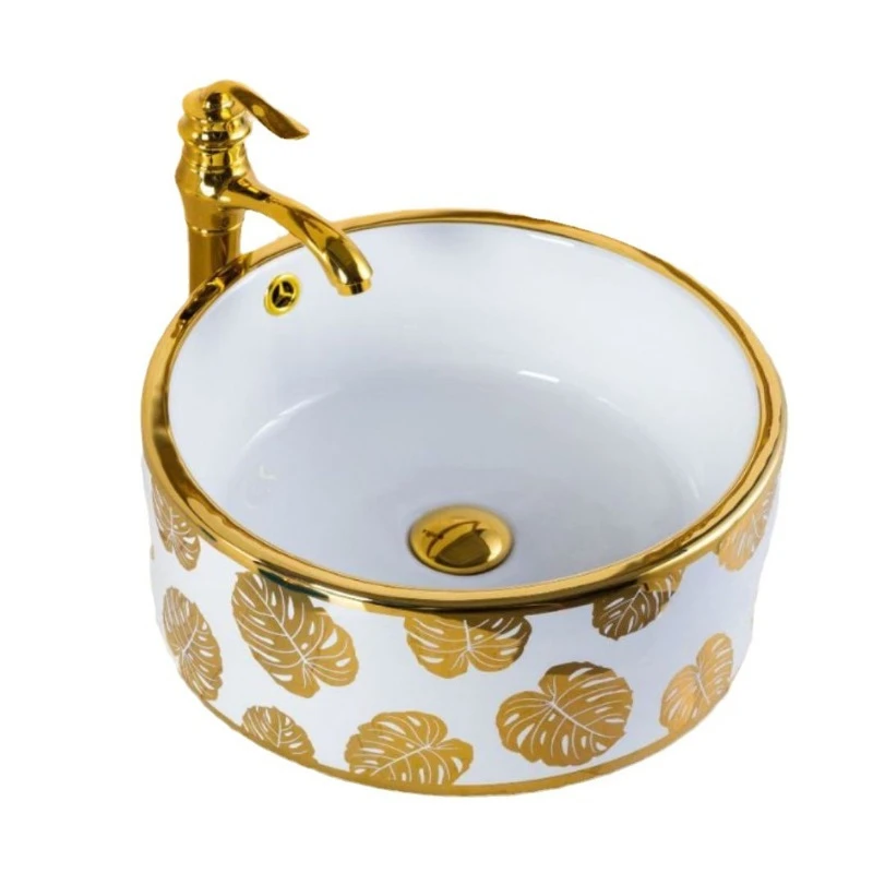 

Electroplated large gold leaf flower paper table, gold wash basin, round art basin with overflow port, thick straight tube shape