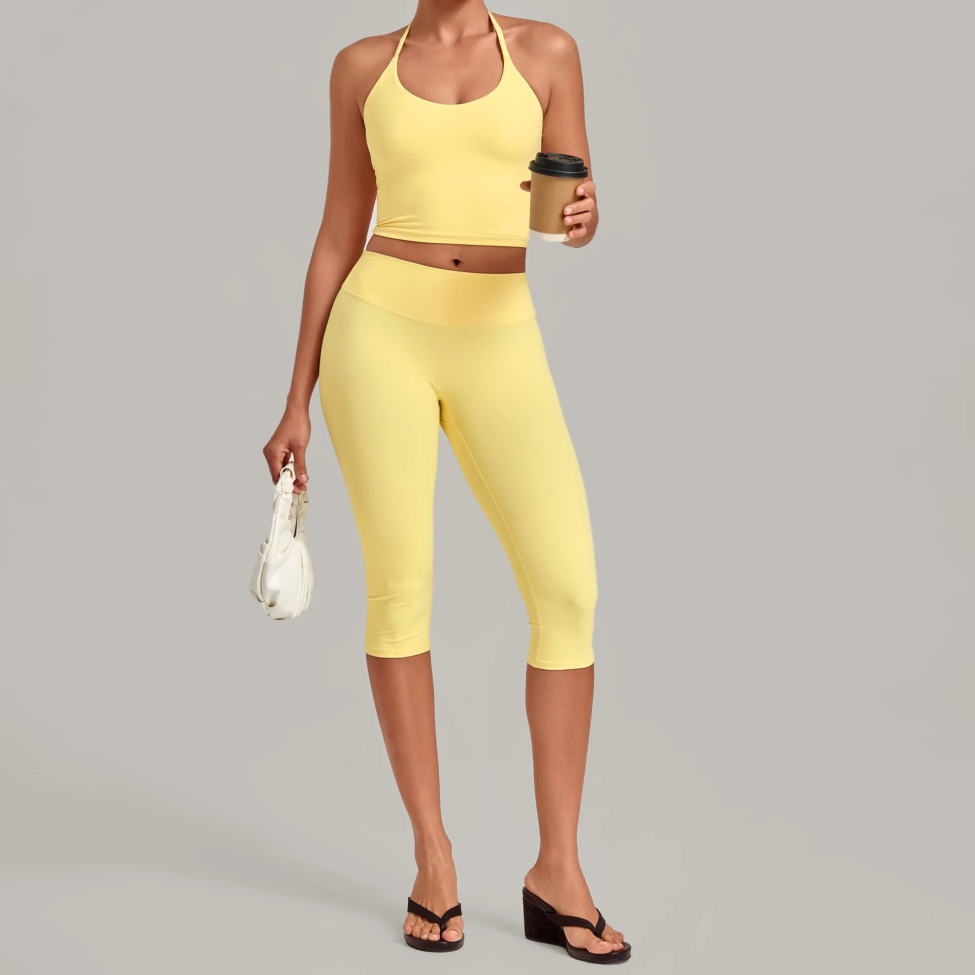 Women 2 Piece Yoga Set Outfits Halter Neck Longline Padded Top Slim High Waist Capri Leggings Squat Proof Workout Gym Running