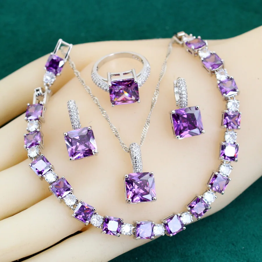 Exquisite Purple Crystal 925 Silver Jewelry Sets for Women Earrings Necklace Ring Bracelet Wedding Gift