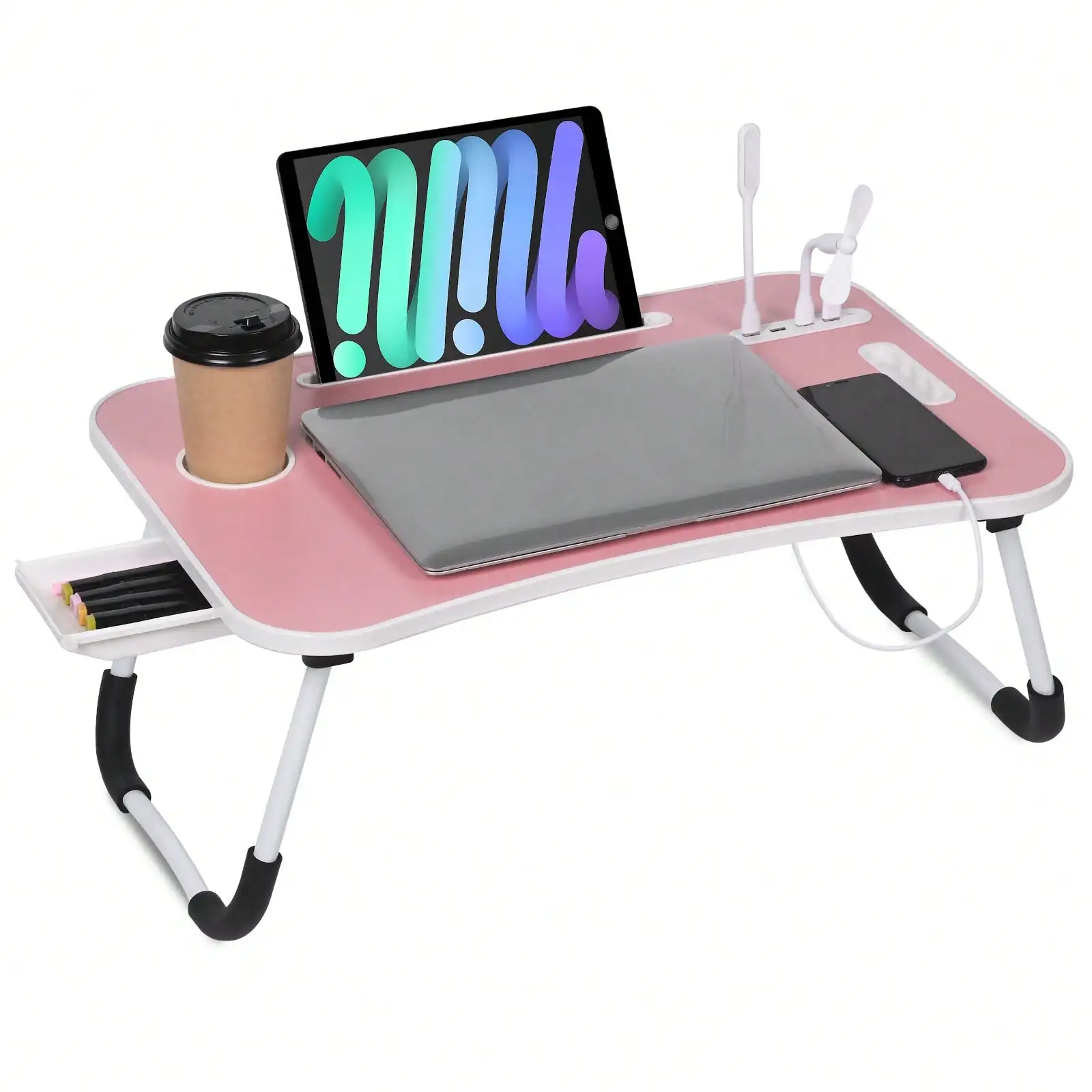 

Laptop Bed Desk, Portable Foldable Laptop Table With USB Charging Port, Cup Holder & Storage Drawer, Lap Desk Tray For Bed, Sofa