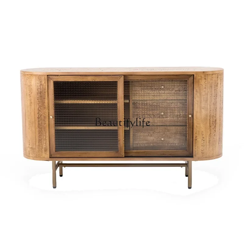 

French retro solid wood dining side cabinet, antique storage and decoration integrated light luxury door cabinet