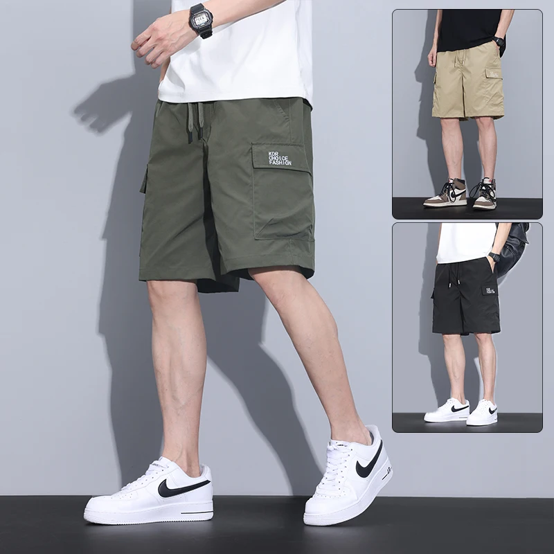 

Размер M-4XL, быстросохнущие ультратонкие мужские шорты, летние брюки-карго из ледяного шелка с эластичной резинкой на талии и свободными карманами длиной до колена, брендовая одежда