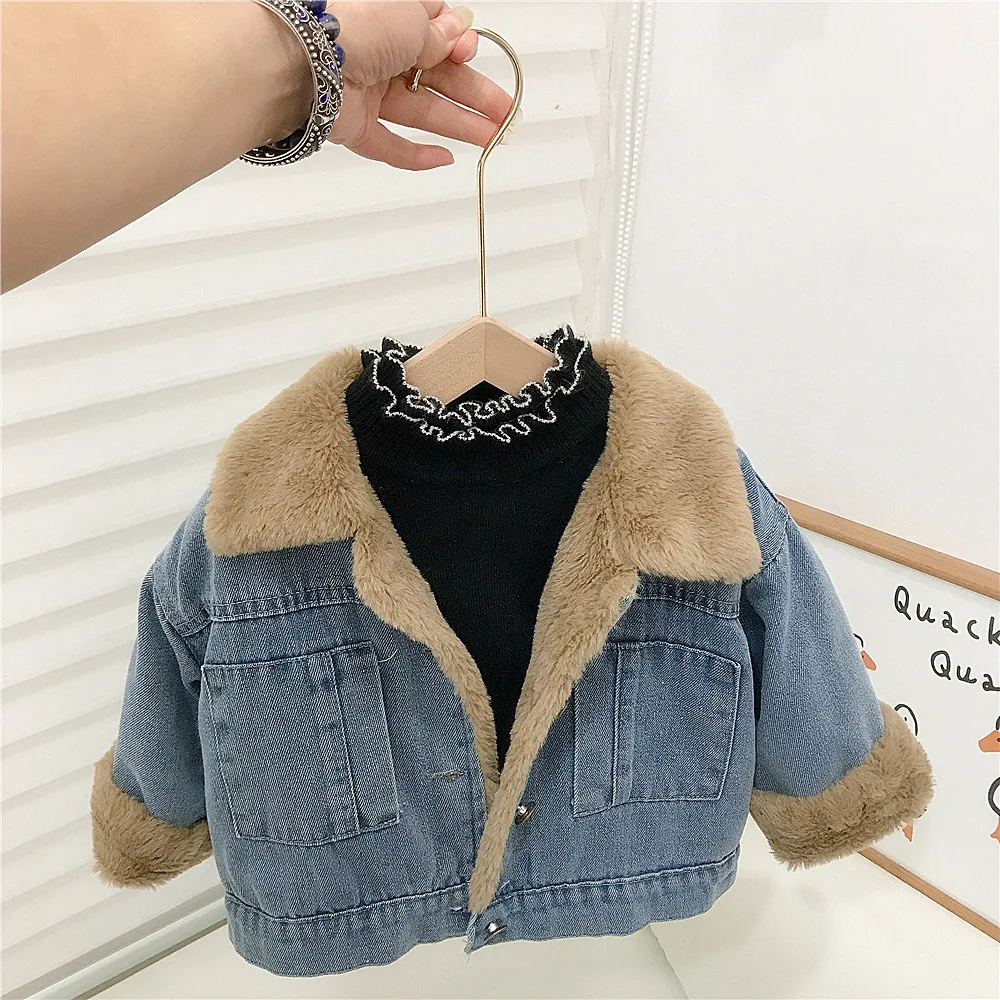 Girls\' cashmere denim coat winter thickened new integrated baby lamb cashmere warm gown children\'s cotton-padded jacket1-8Y