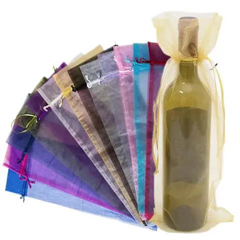 20Pcs 14x37cm 와인 Organza 가방 Drawstring 샴페인 레드 화이트 와인 병 홀더 가방 웨딩 파티 장식 선물 파우치