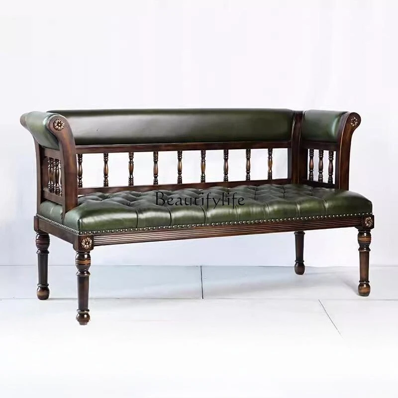 

American solid wood sofa leisure chair retro old lover double leisure balcony recliner carved bedside stool