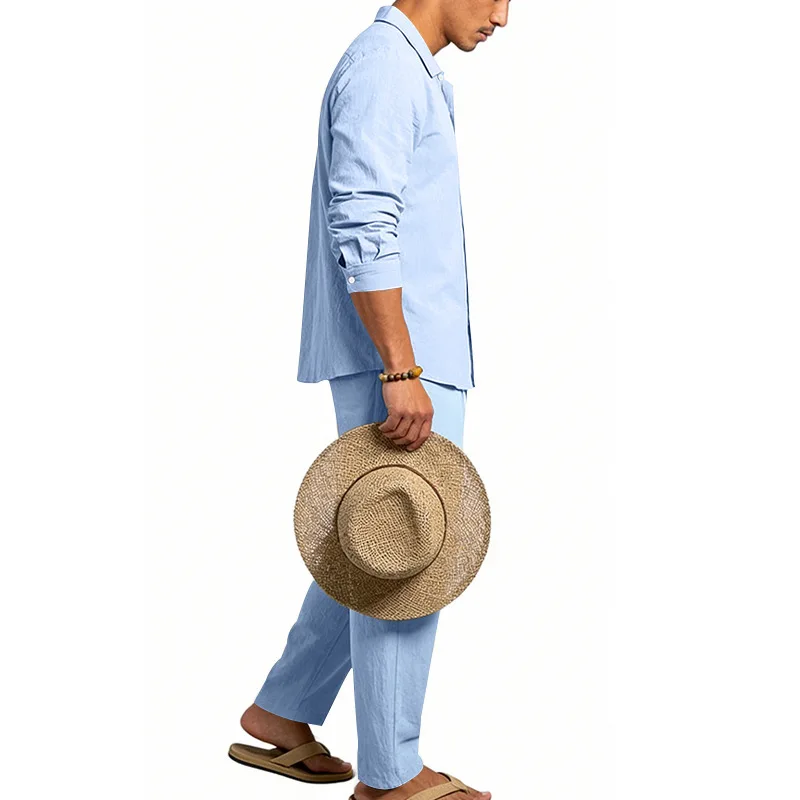 Europäisch-Amerikanisches Herren-Leinen-Freizeitset: Hemd mit Umlegekragen und Hose mit hohem Bund und Gürtel – Locker, atmungsaktiv, für Urlaub und Strand – Detail 37