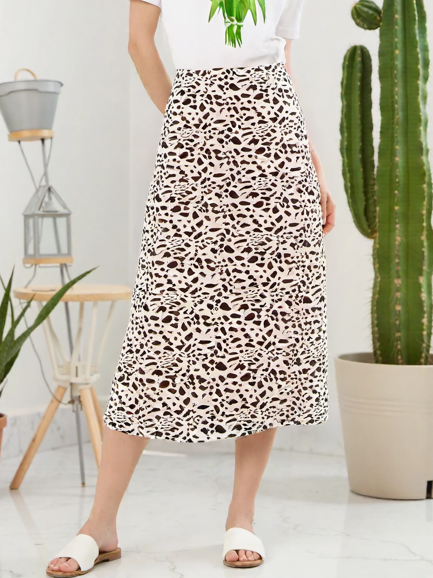 Women s Summer High Waist Skirt Solid Color Long Satin Skirt for Travel Beach Shopping