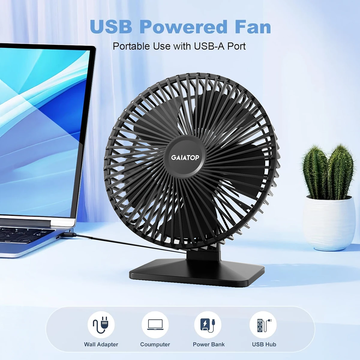 GAIATOP Desk Fan Portable USB Fan 90° Adjustable Cooling Fan Mute 4 Speed Adjustment Ultra Quiet Suitable For Home Desk Office