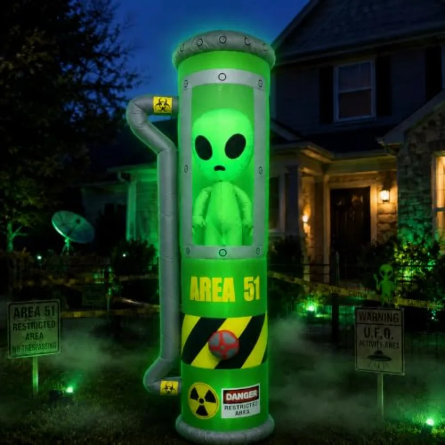 Outdoor Halloween decoration: 8FT inflatable alien with LEDs, weather-resistant PVC material, green color, self-inflating with