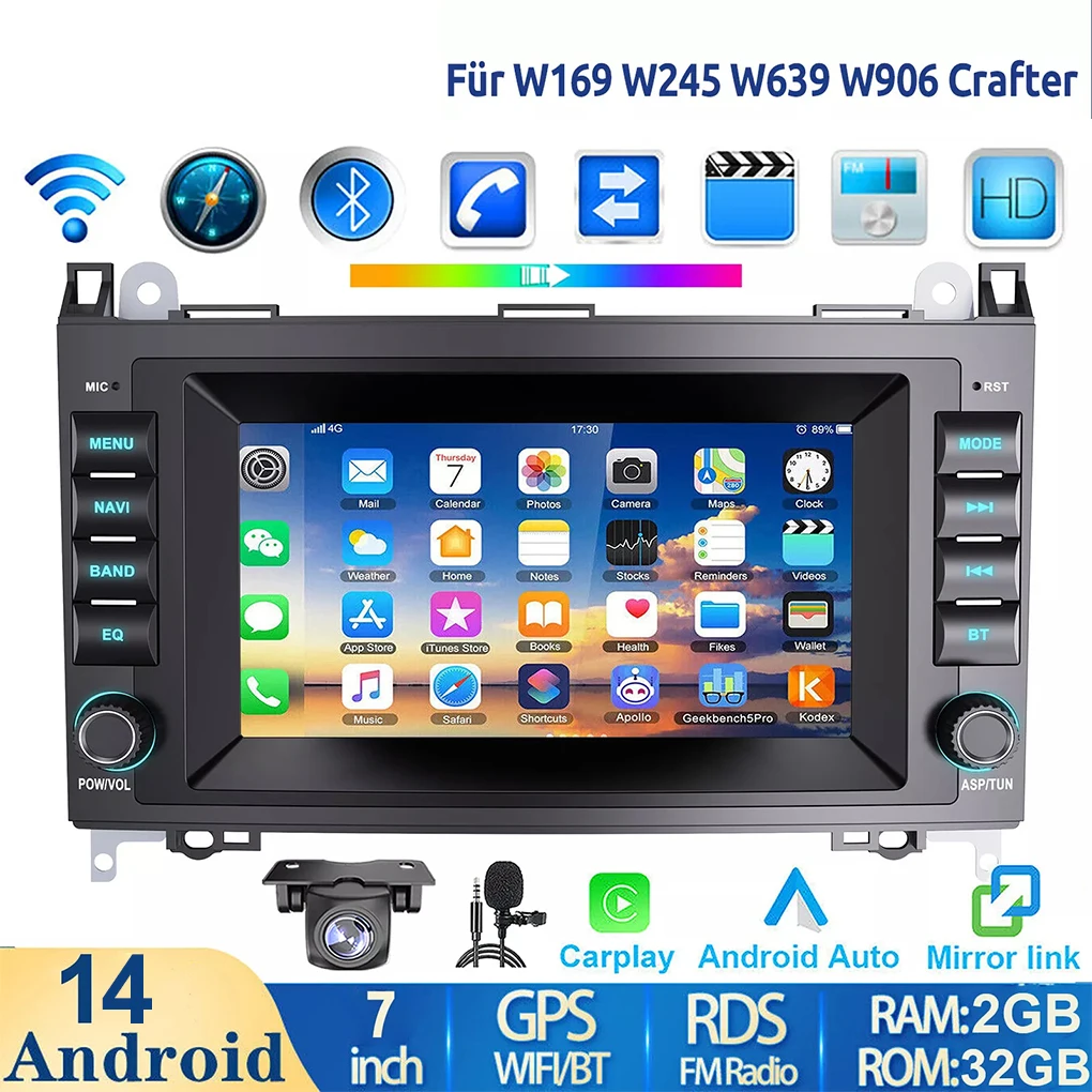 7'' 2Din Android 14 Car Radio for Mercedes Benz A B-Class W169 W245 Viano Vito W639 Crafter W906 DSP RDS BT 4G CarPlay SWC 2+32G